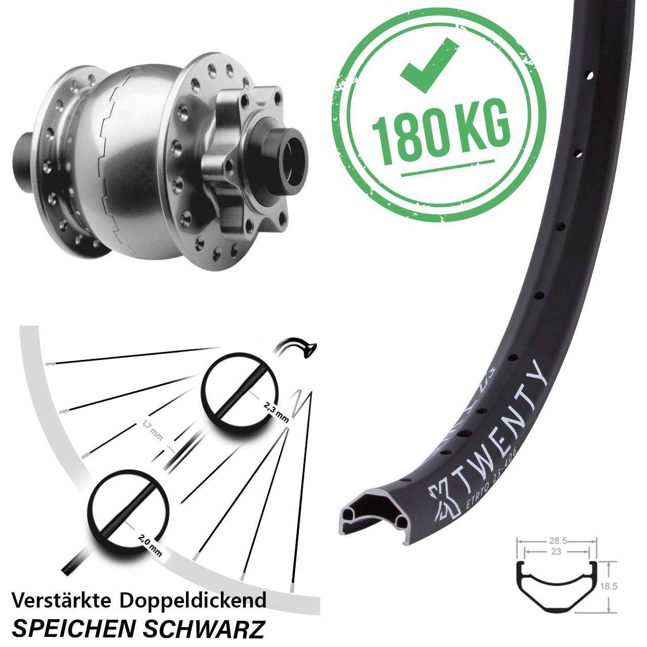 Vorderrad 20 Zoll KX Twenty SON 28 15x100 6-Loch silbern eloxiert