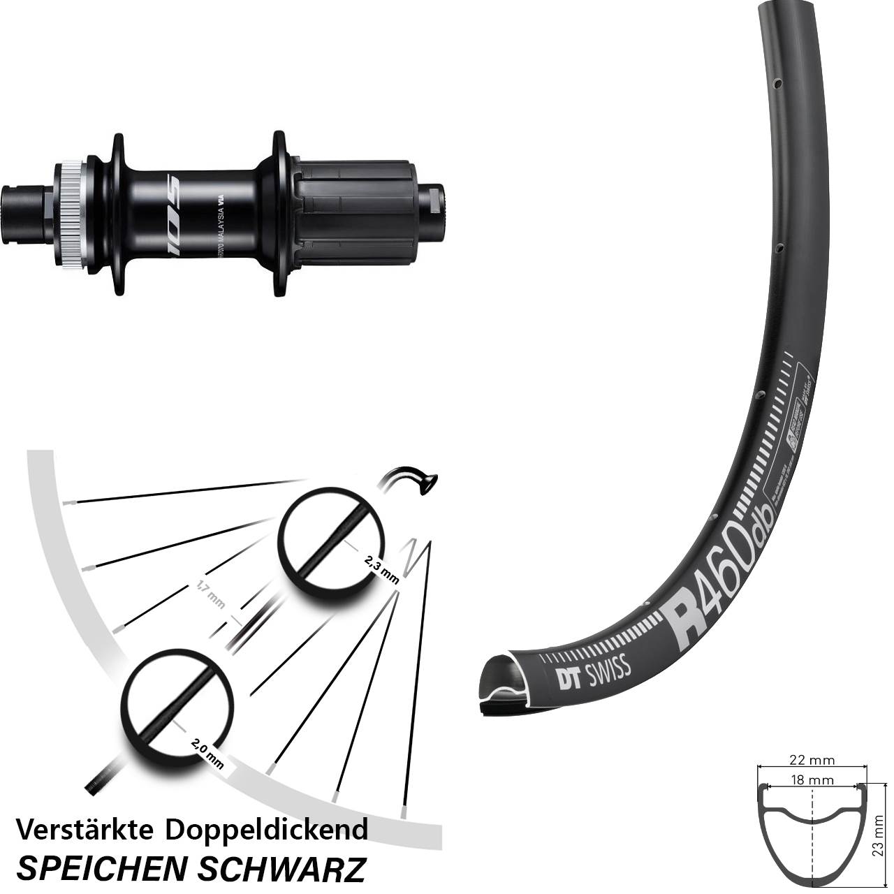 DT Swiss R 460 Shimano 105 28 Zoll Disc Hinterrad 12x142 8-12 fach
