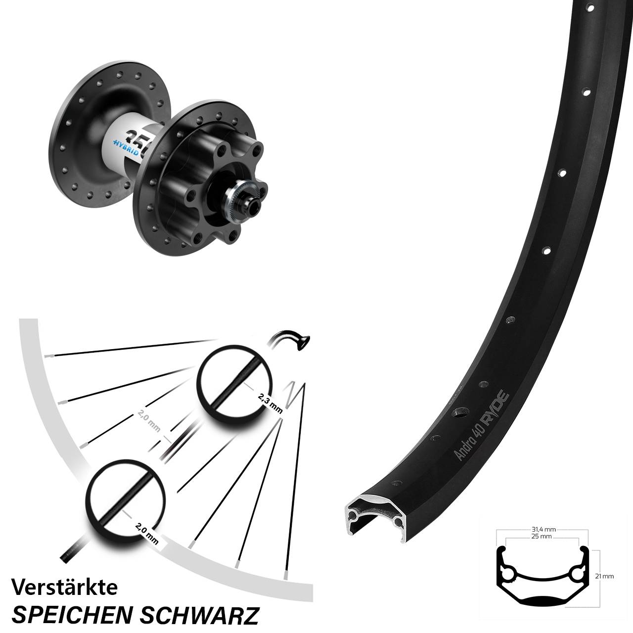 6-Loch 20 Zoll Vorderrad Ryde Andra 40 DT Swiss Hybrid 350