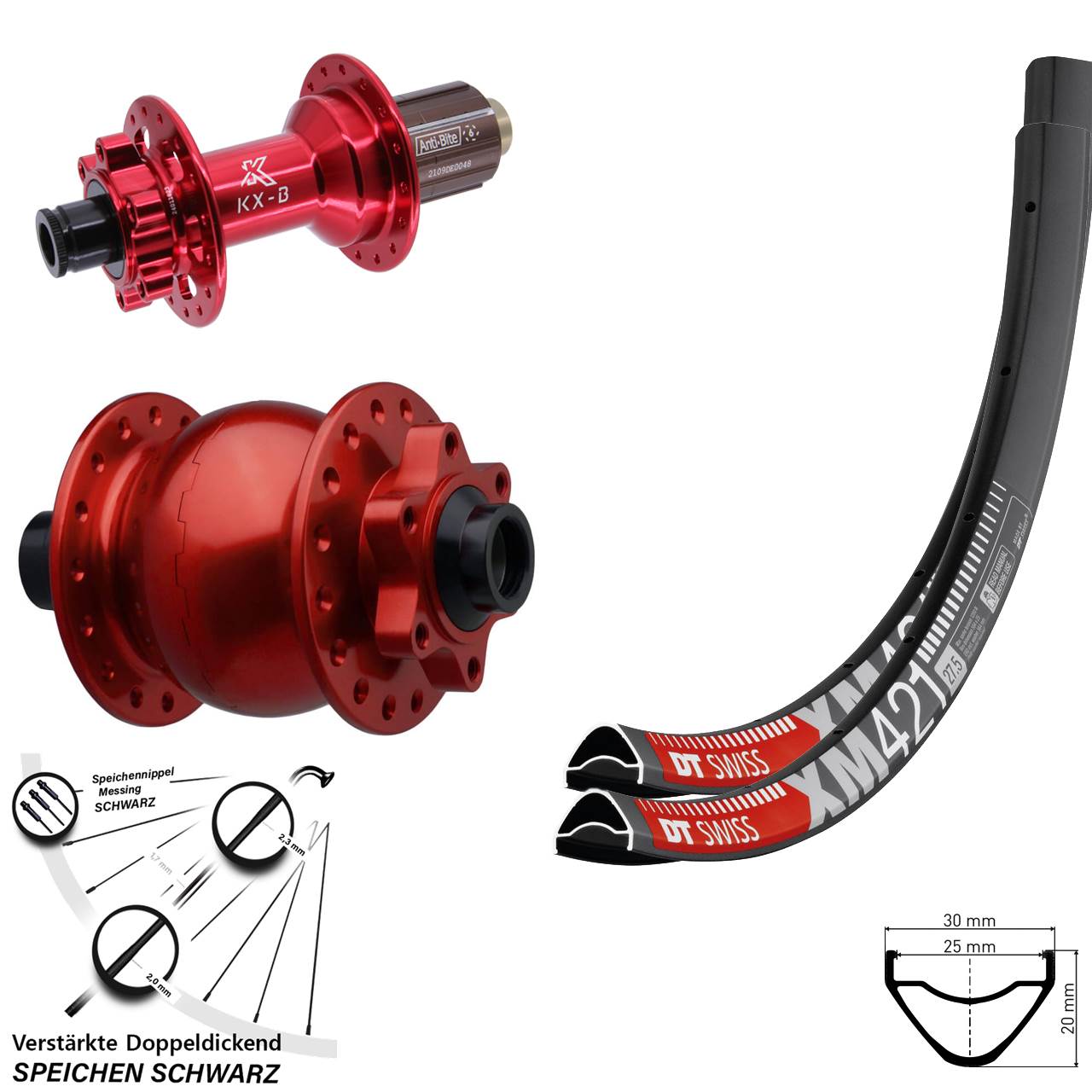 6-Loch Laufradsatz 15x110 12x148 27,5 Zoll DT Swiss XM421 KX-B rot SON 28 rot 8-12 fach