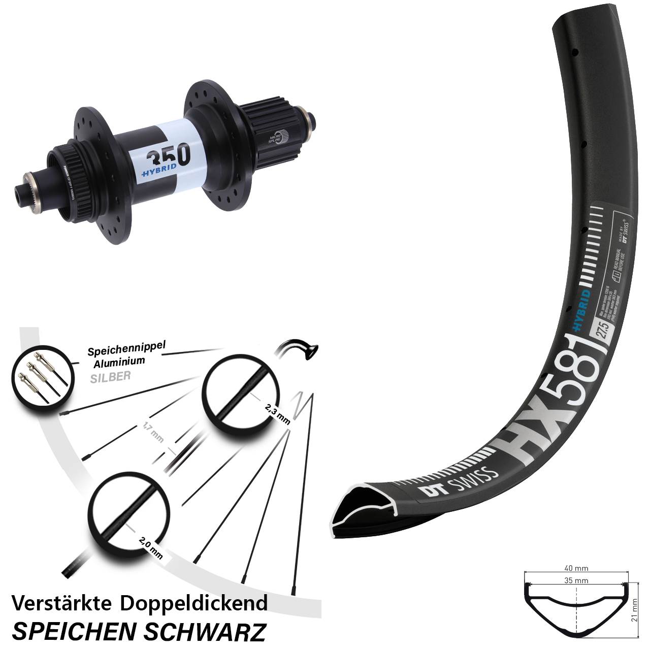 27,5 Zoll DT Swiss HX581-350 Hybrid Disc Laufrad für Schnellsp. Micro Spline