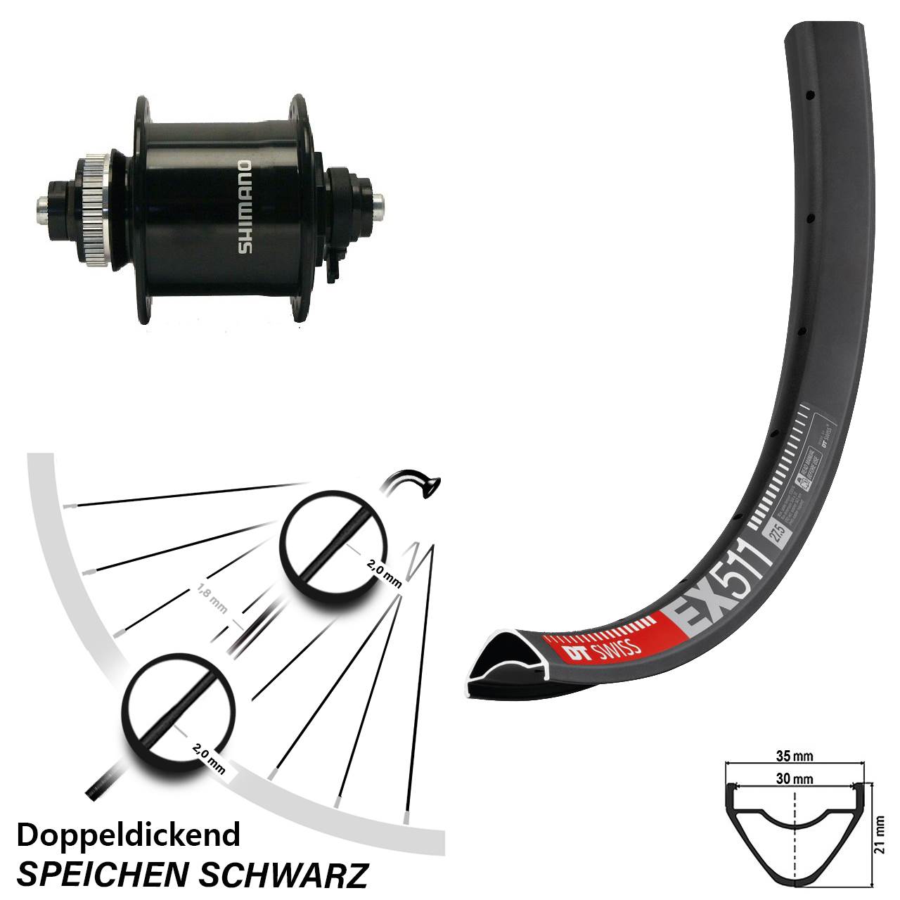 Disc Laufrad mit Nabendynamo für Schnellspanner 27,5 Zoll DT Swiss EX511 Shimano DH-UR700