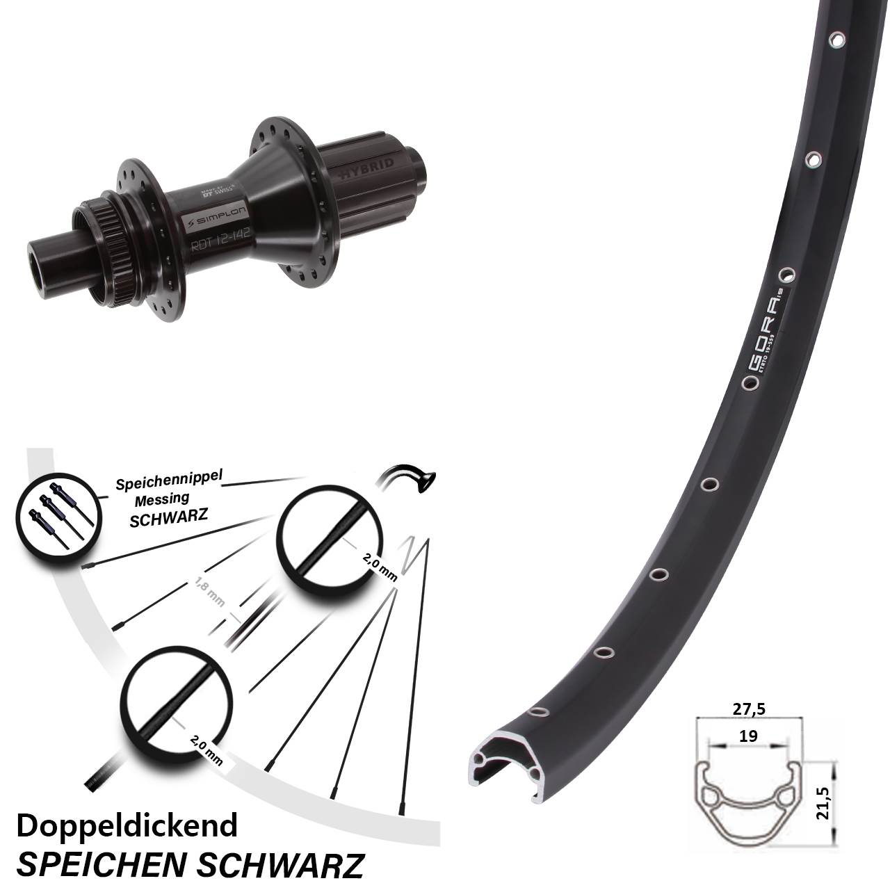 26 Zoll Gora 19 DT Swiss 370 Hybrid Centerlock Hinterrad 12x142 8-11 fach