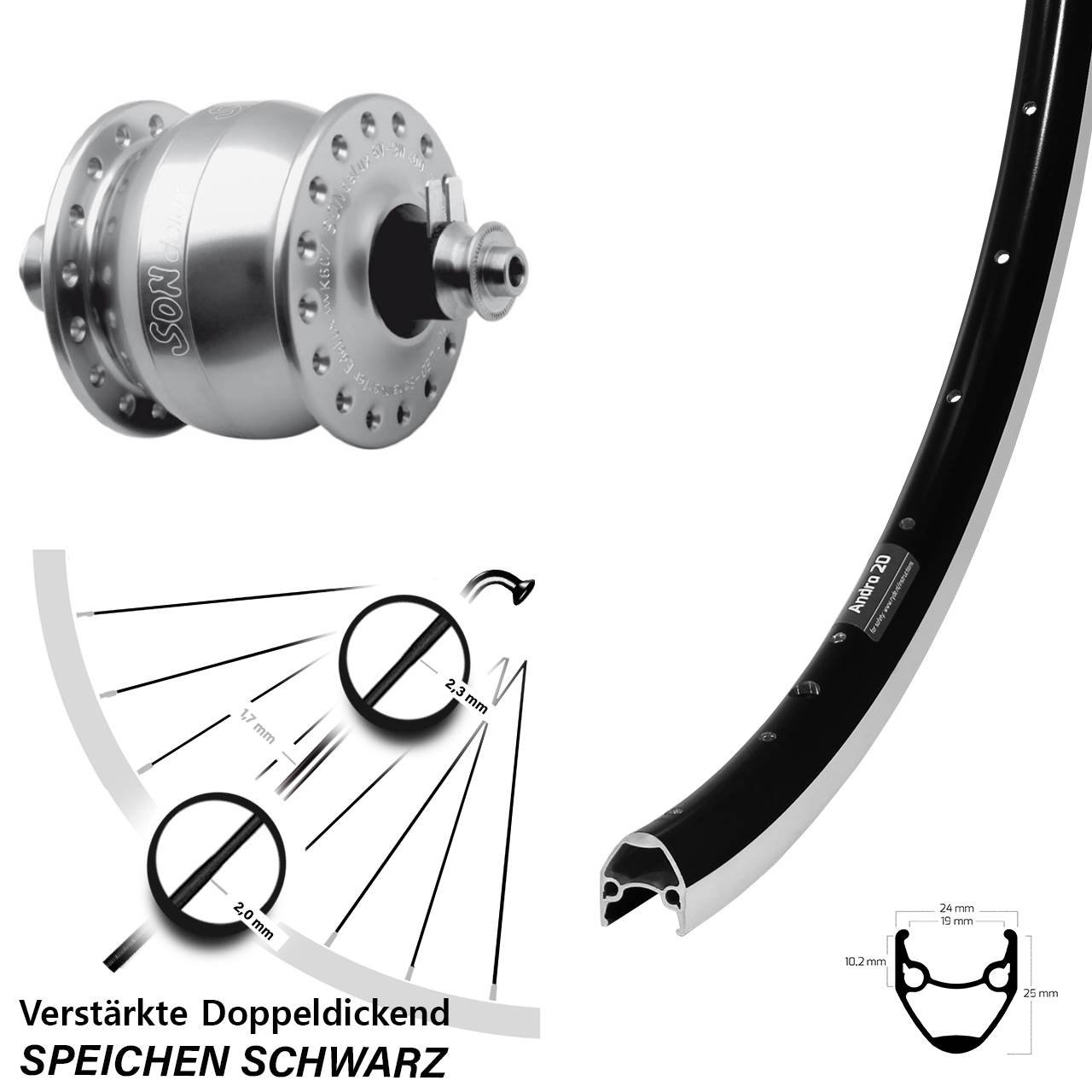 28 Zoll Nabendynamo Vorderrad Ryde Andra 20 SON delux