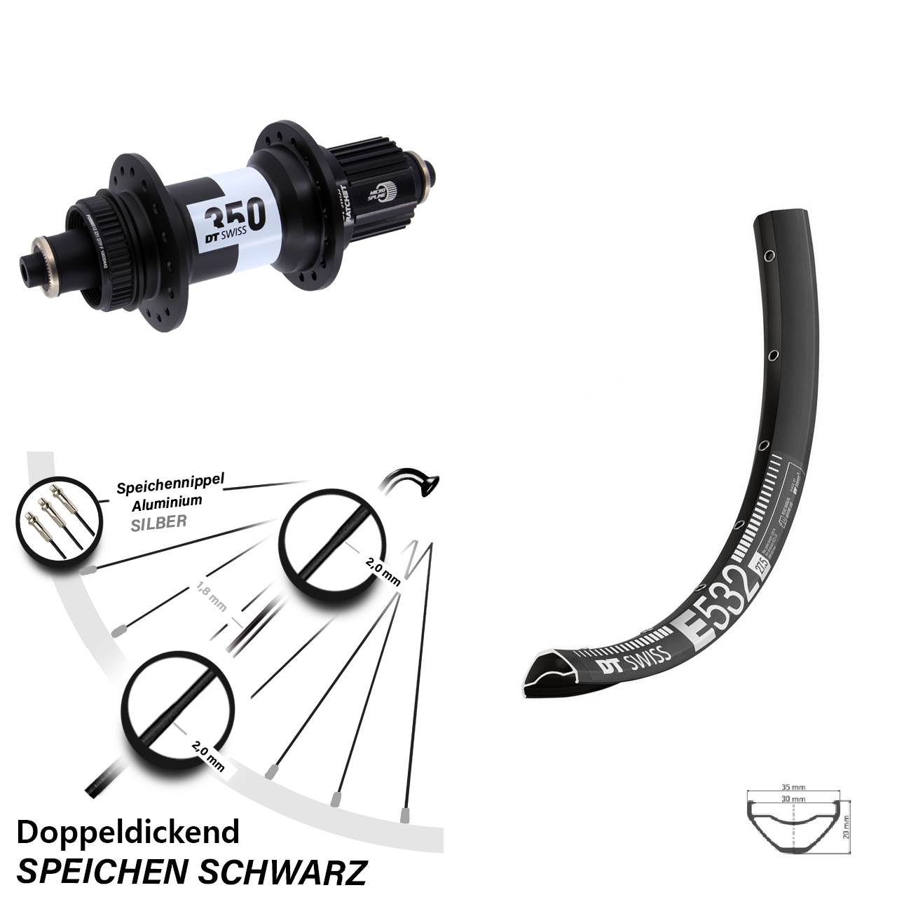 Hinterrad Centerlock 27,5 Zoll DT Swiss E532-350 Shimano Micro Spline für Schnellspanner