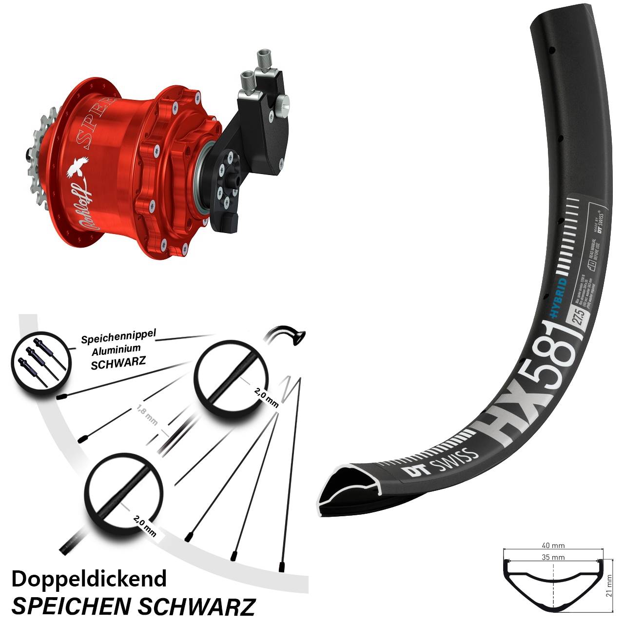 27,5 Zoll DT Swiss HX581 Rohloff CC DB OEM Tandem rot