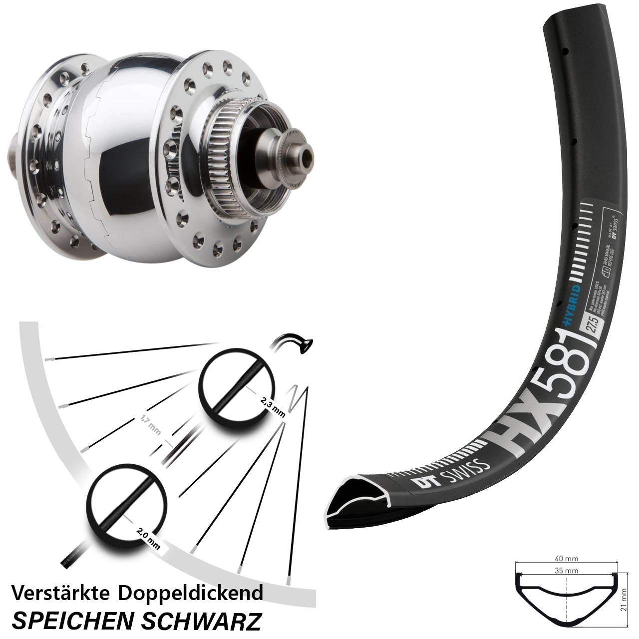 SONdelux DT Swiss HX 581 27,5 Zoll Nabendynamovorderrad Centerlock QR