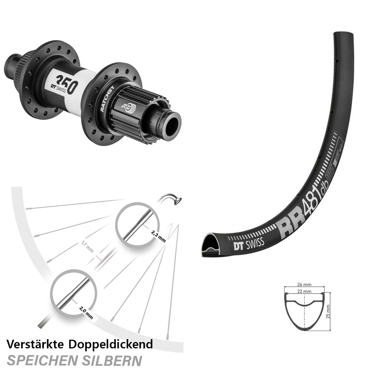 28 Zoll DT Swiss RR 481-350 Ratchet 36 Disc Hinterrad 12x142 Micro Spline
