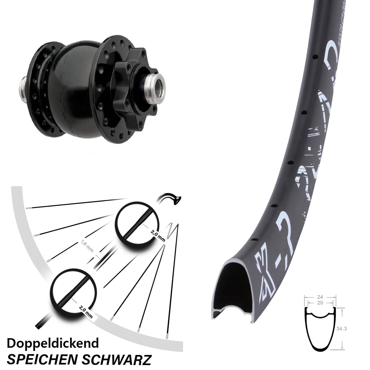 Nabendynamovorderrad 6-Loch 28 Zoll KX-R Road SON 28 12x100