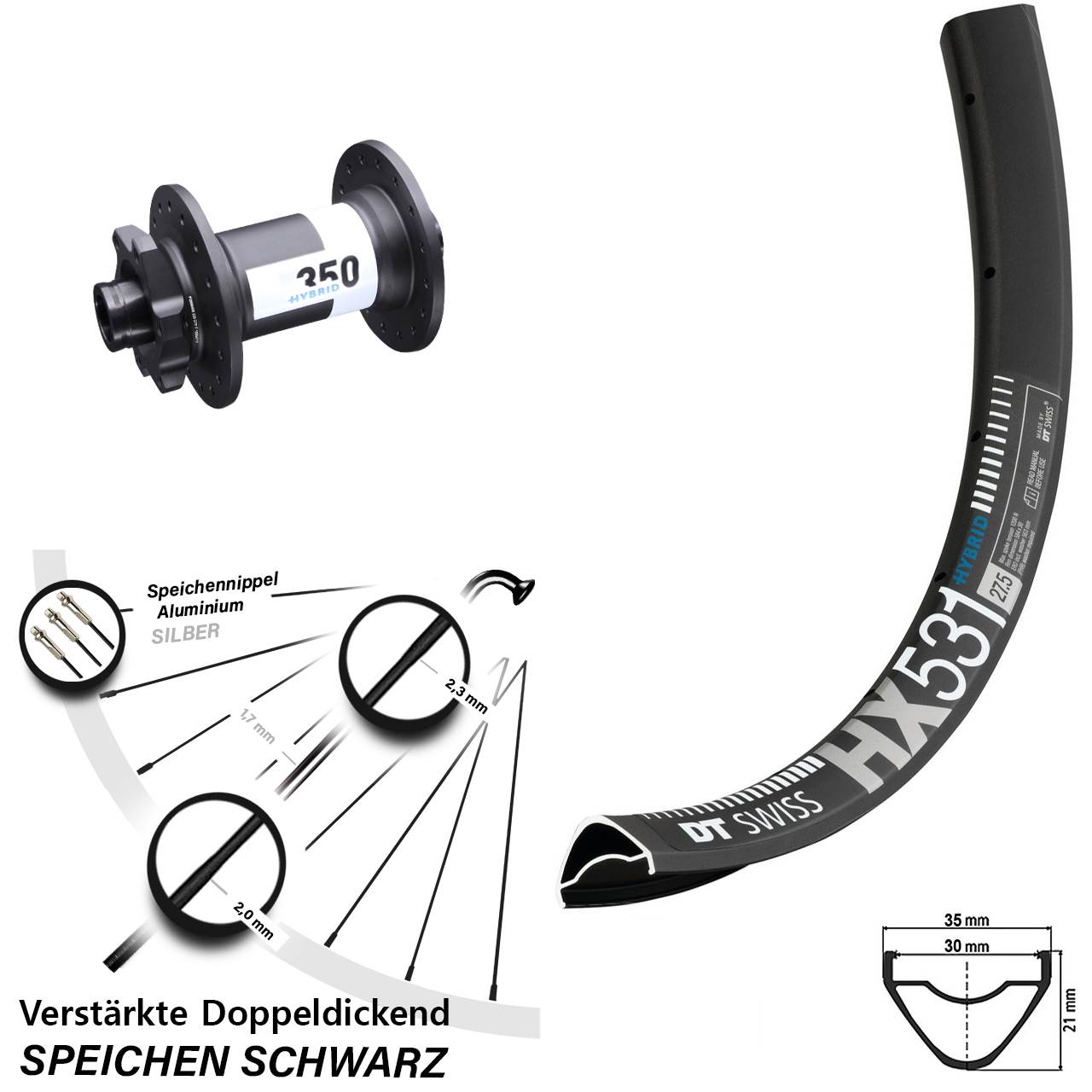 29 Zoll Vorderrad E-Bike HX 531 DT Swiss 350 Hybrid Boost 15x110 mm 6-Loch