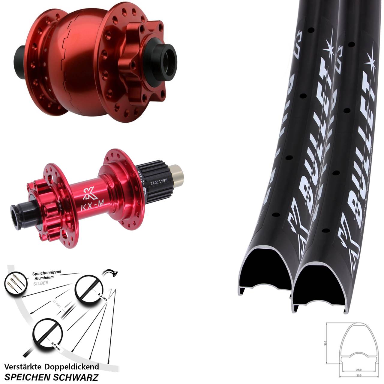 Disc Laufrad-Satz 28-29 Zoll KX-M Bullet rot SON 28 rot Shimano Micro Spline 15x100 12x142