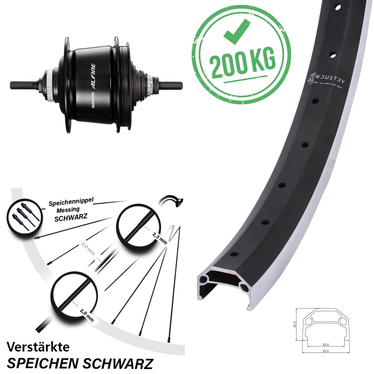 26 Zoll Hinterrad Shimano Alfine 8 Gang KX Industry für Felgenbremse