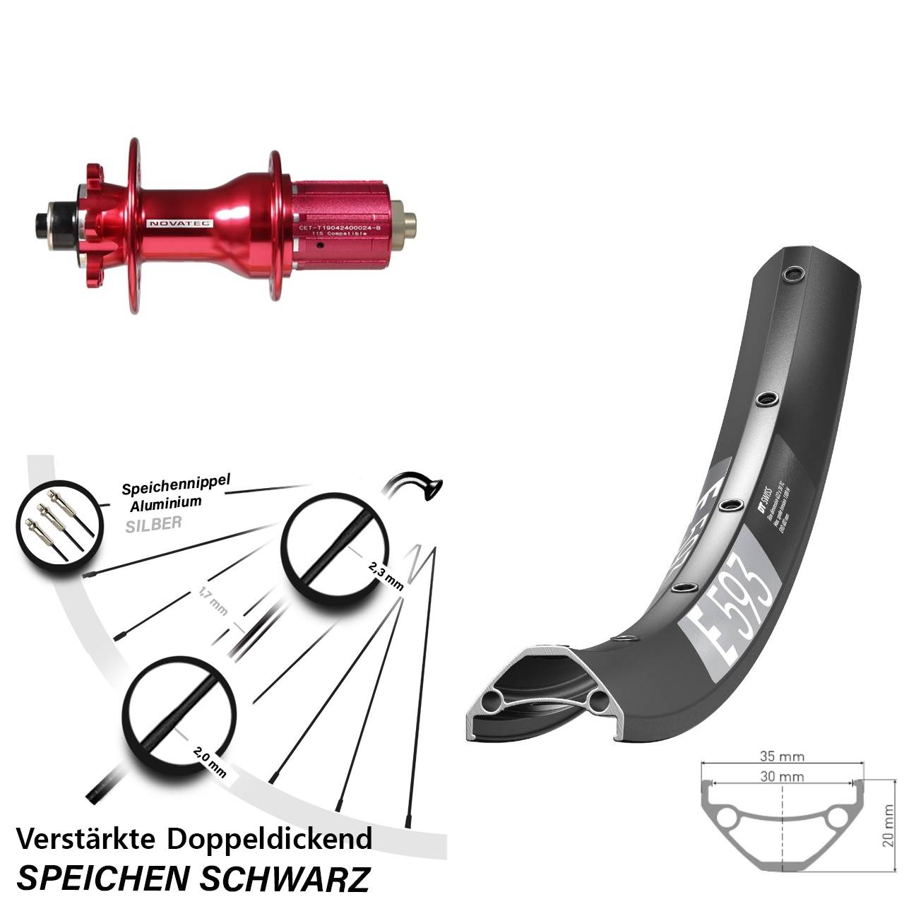 6-Loch Hinterrad für Schnellspanner 29 Zoll DT Swiss E 593 Novatec D792SB 8-12 fach HG