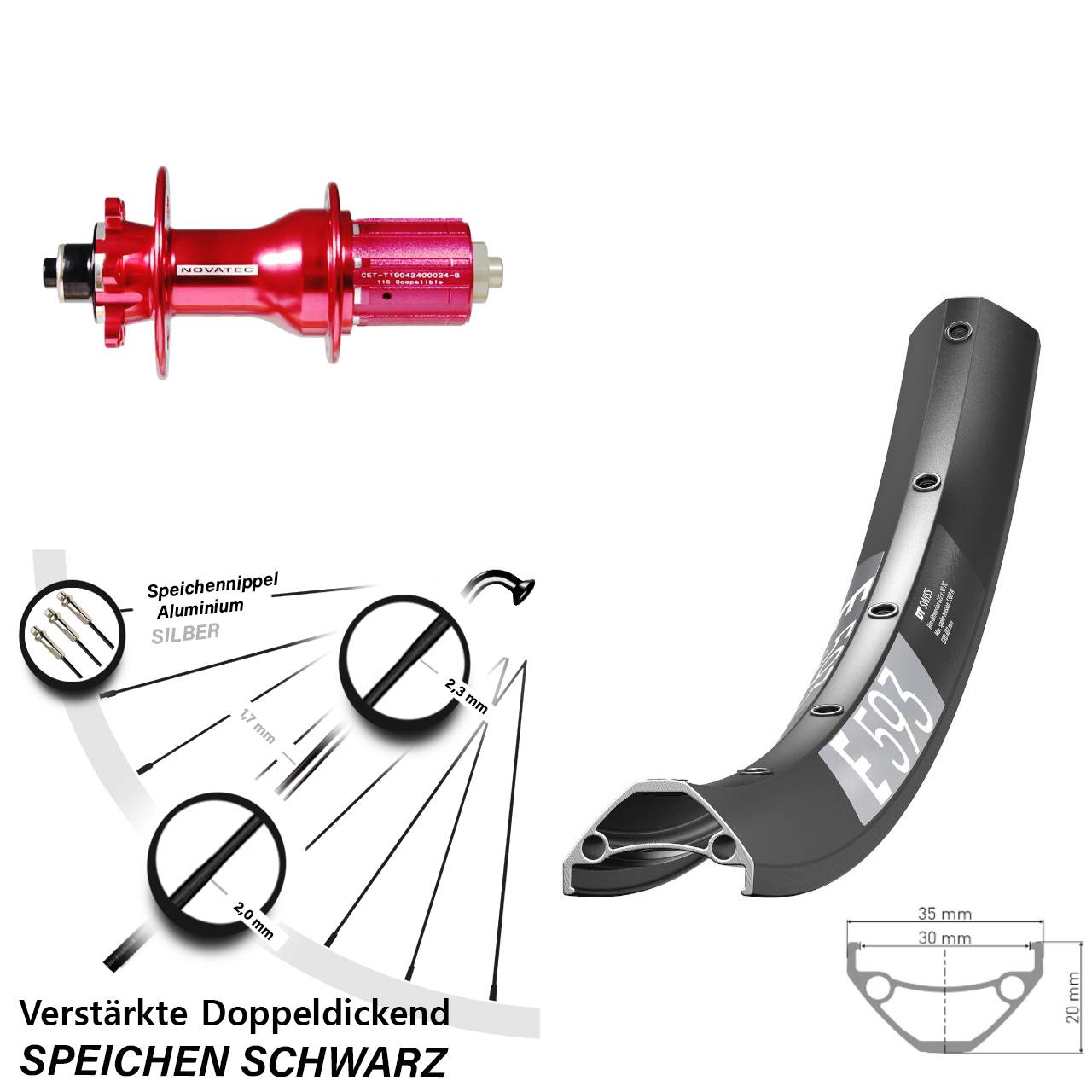 6-Loch Hinterrad für Schnellspanner 29 Zoll DT Swiss E 593 Novatec D792SB 8-12 fach HG
