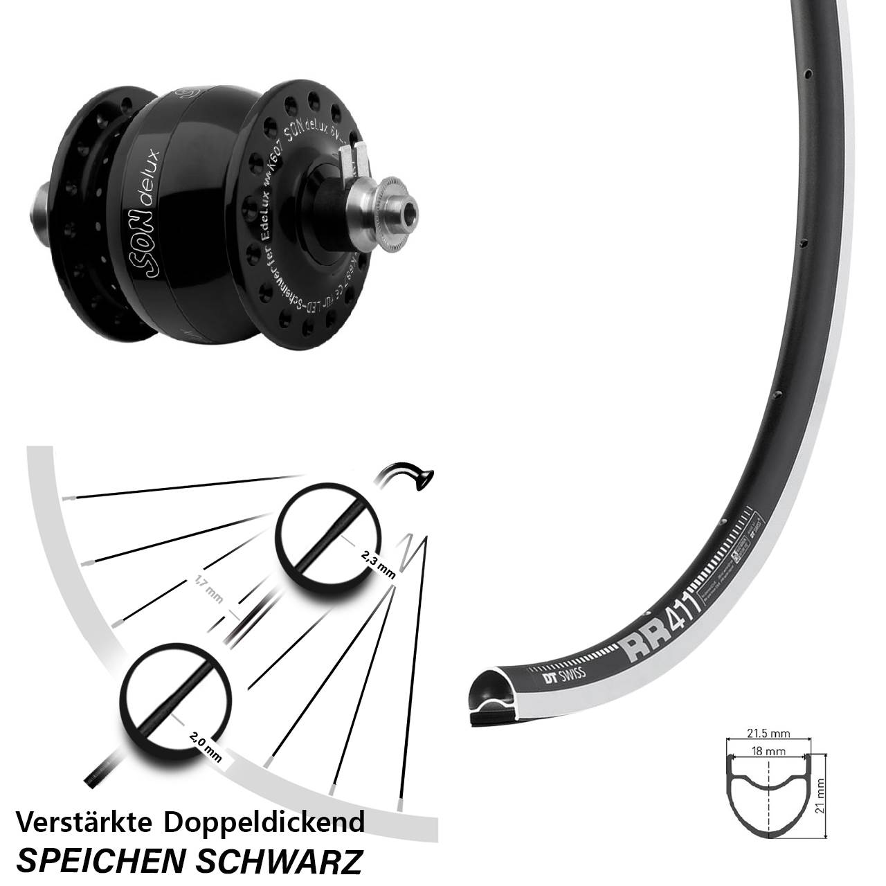 SON delux DT Swiss RR 411 CNC 28 Zoll Laufrad mit Nabendynamo für Schnellspanner