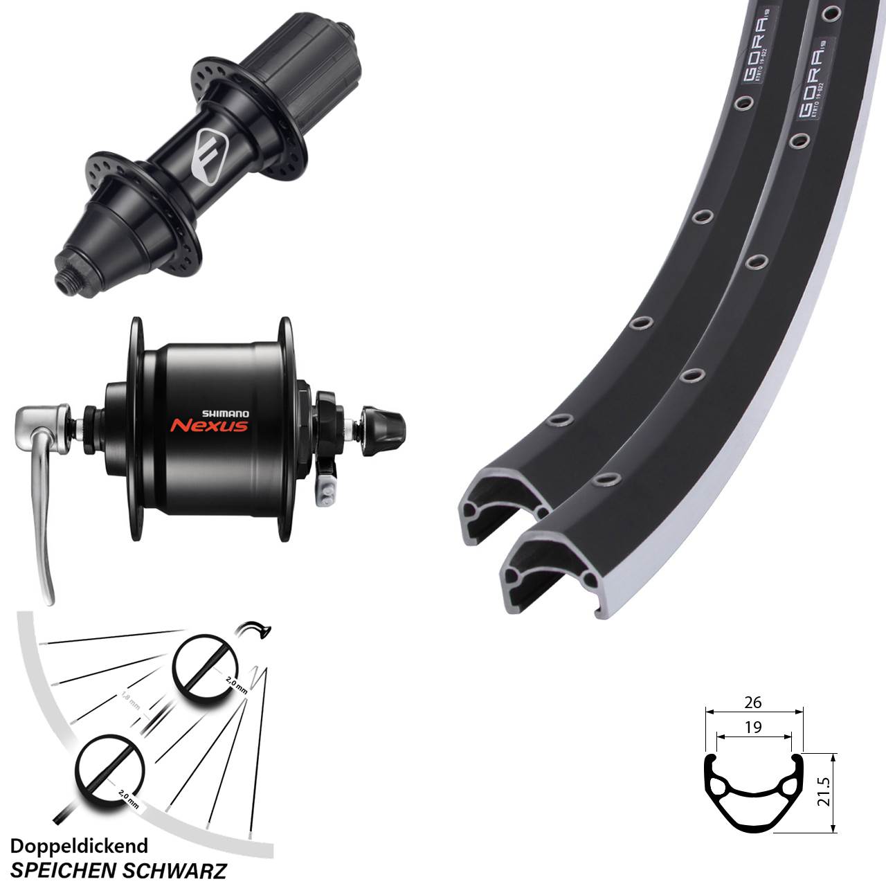 28 Zoll Gora 19 Formula FM32 Shimano Nexus DH-C3000 Laufrad-Satz für Schnellspanner 7 fach