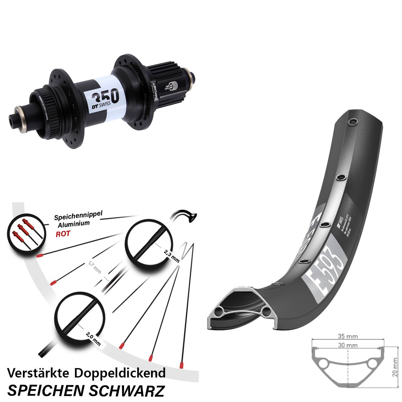Disc Hinterrad 29 Zoll DT Swiss E593 350 Ratchet 36 Shimano Micro Spline QR