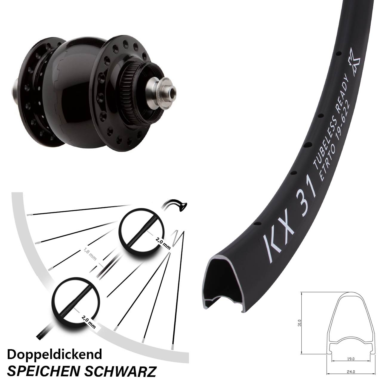 Centerlock Dynamo-Vorderrad QR 28 Zoll KX31 SON 28