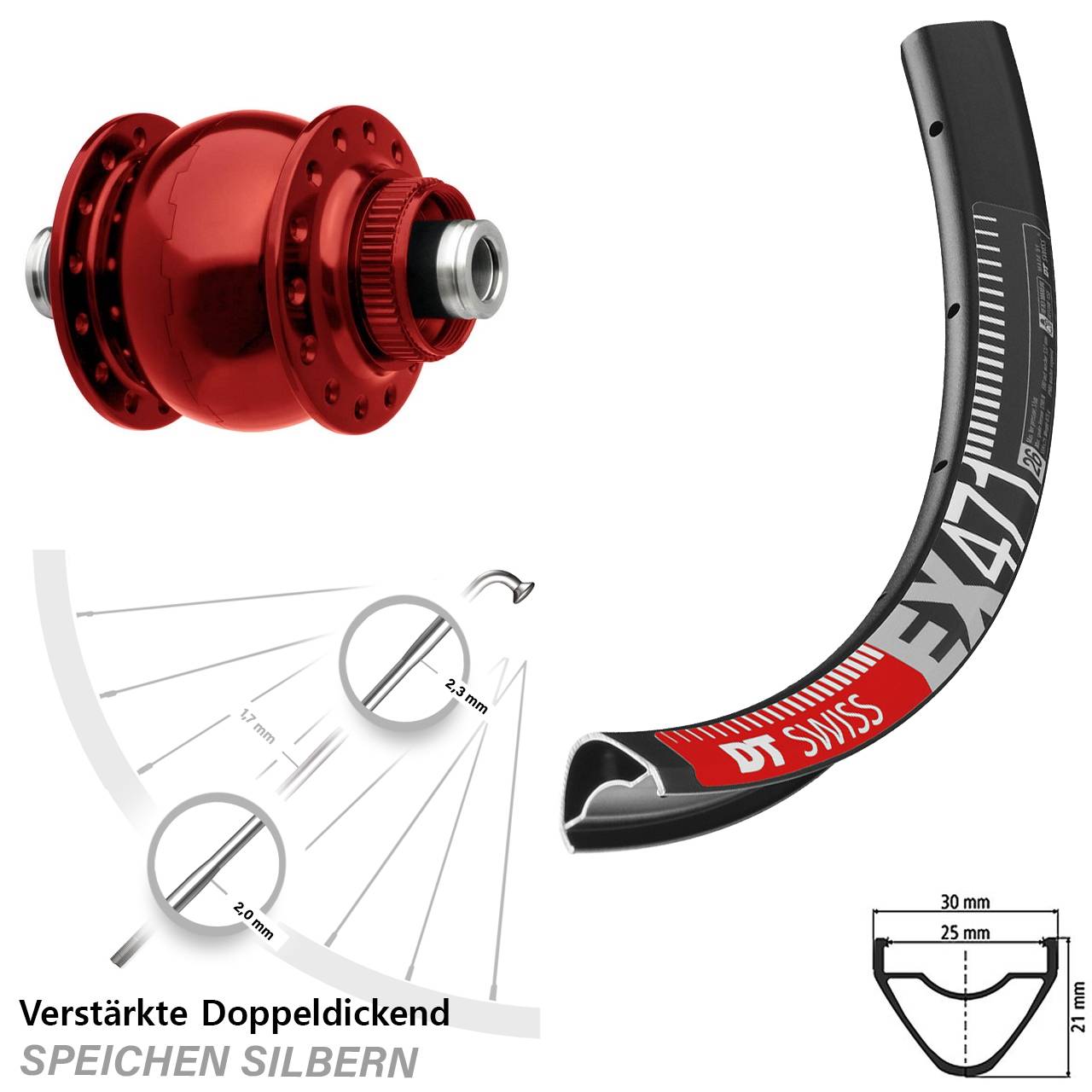 29 Zoll DT Swiss EX 471 SON 28 rot Dynamo-Vorderrad Centerlock 12x100