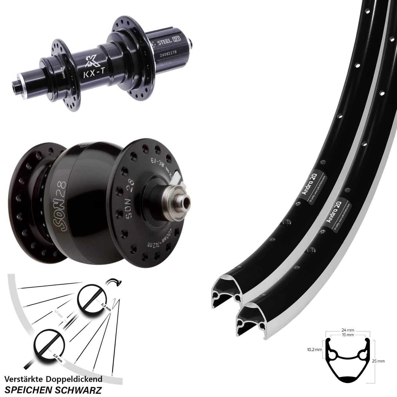 Ryde Andra 20 KX-TS Heavy Duty SON 28 Zoll Laufradsatz QR 8-12 fach