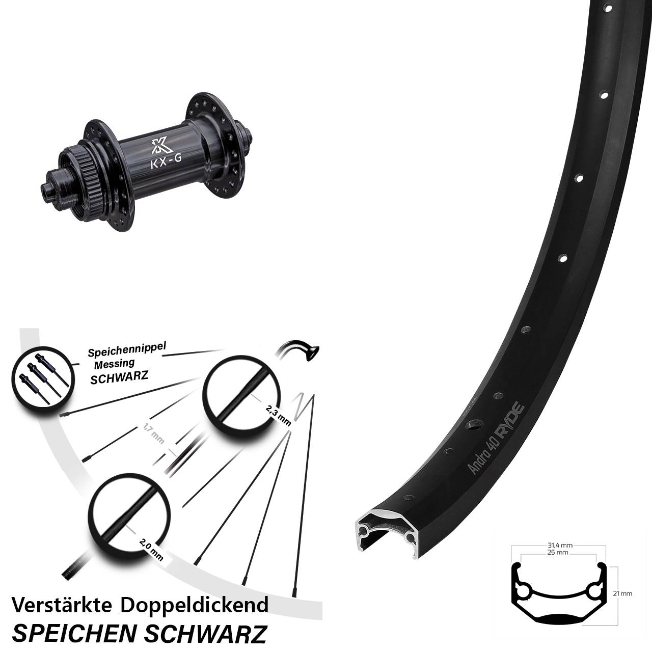 26 Zoll Vorderrad Ryde Andra 40 Disc mit KX-G Nabe für Schnellspanner