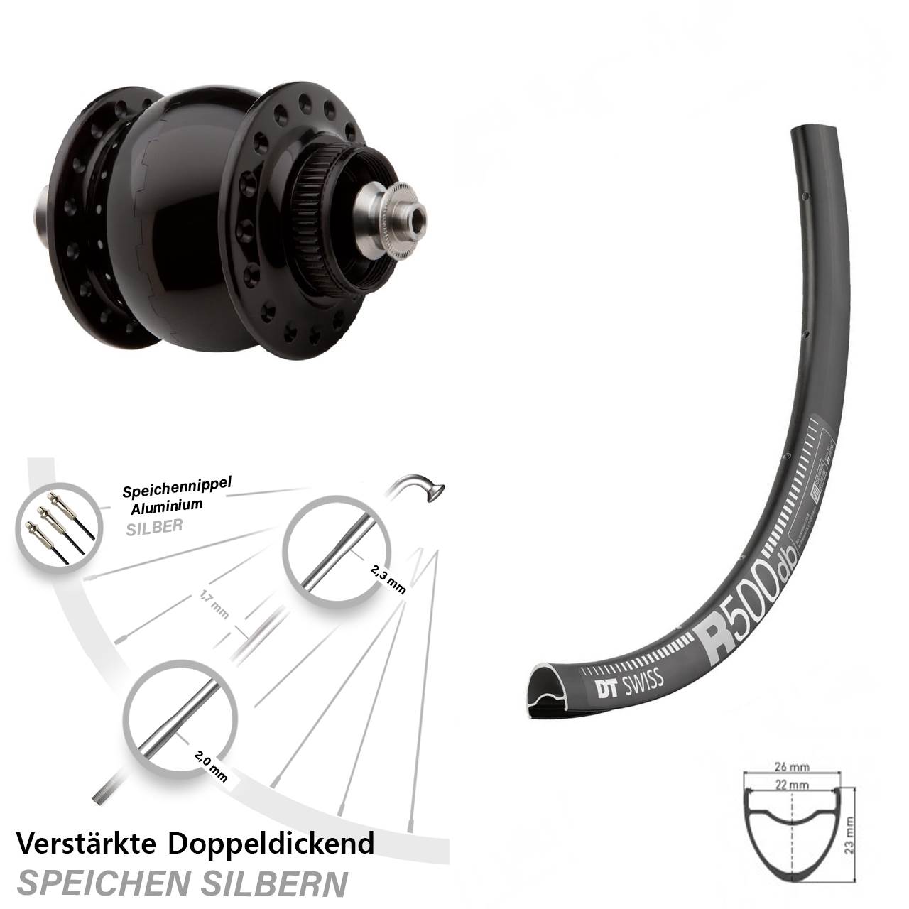 28-29 Zoll DT Swiss R 500 SONdelux Centerlock Vorderrad mit Nabendynamo QR