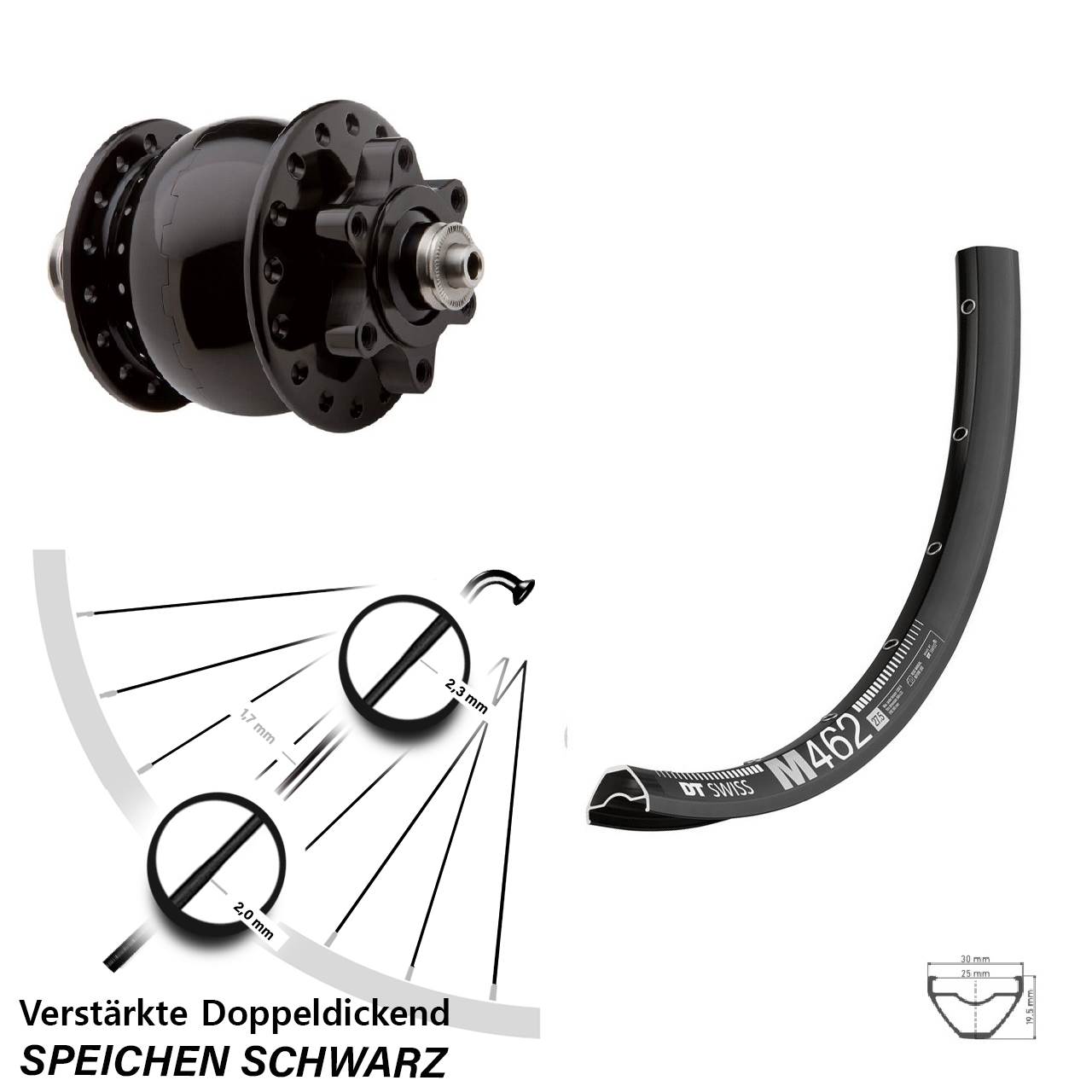 Disc Dynamo-Vorderrad für Schnellspanner 27,5 Zoll DT Swiss M 462 SON 28