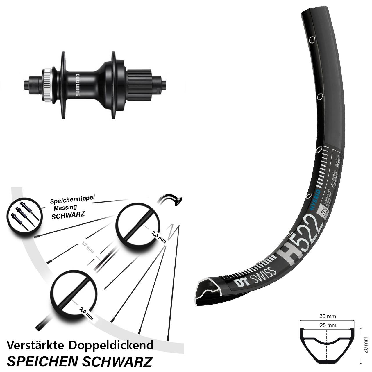 28 Zoll DT Swiss H 522 Shimano FH-MT500 Laufrad für Schnellspanner Micro Spline