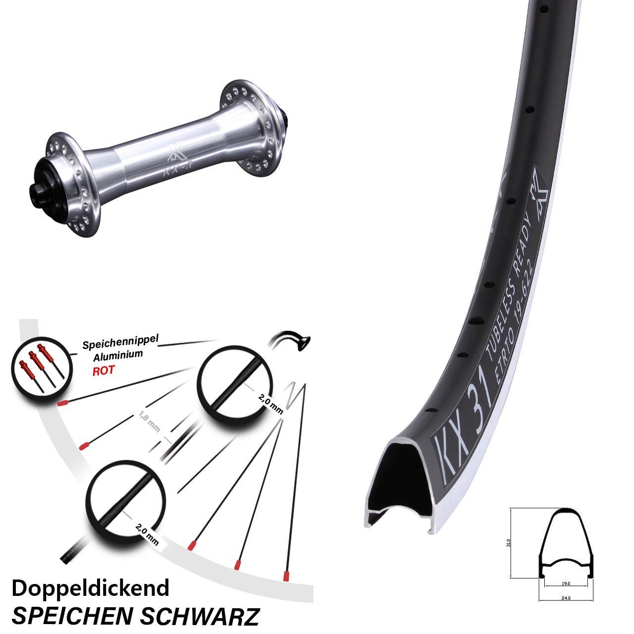 Laufrad 28 Zoll KX 31 KX-R Felgenbremse 5/100 silbern