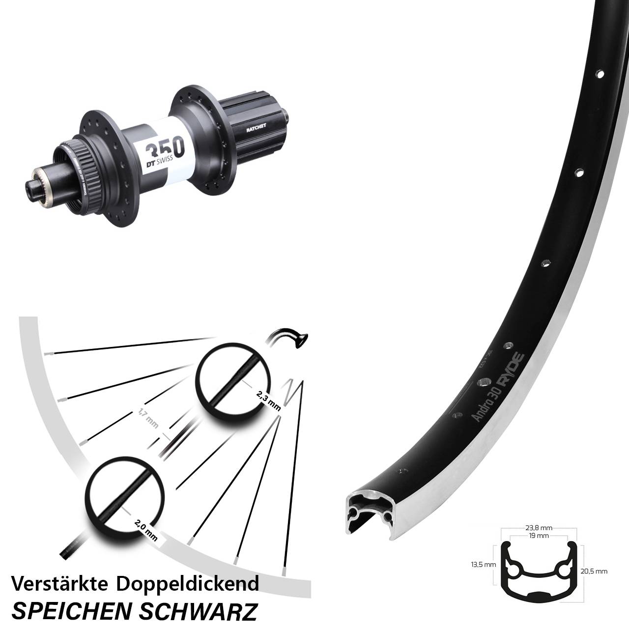 Hinterrad 28 Zoll Ryde Andra 30 DT Swiss 350 8-11 fach