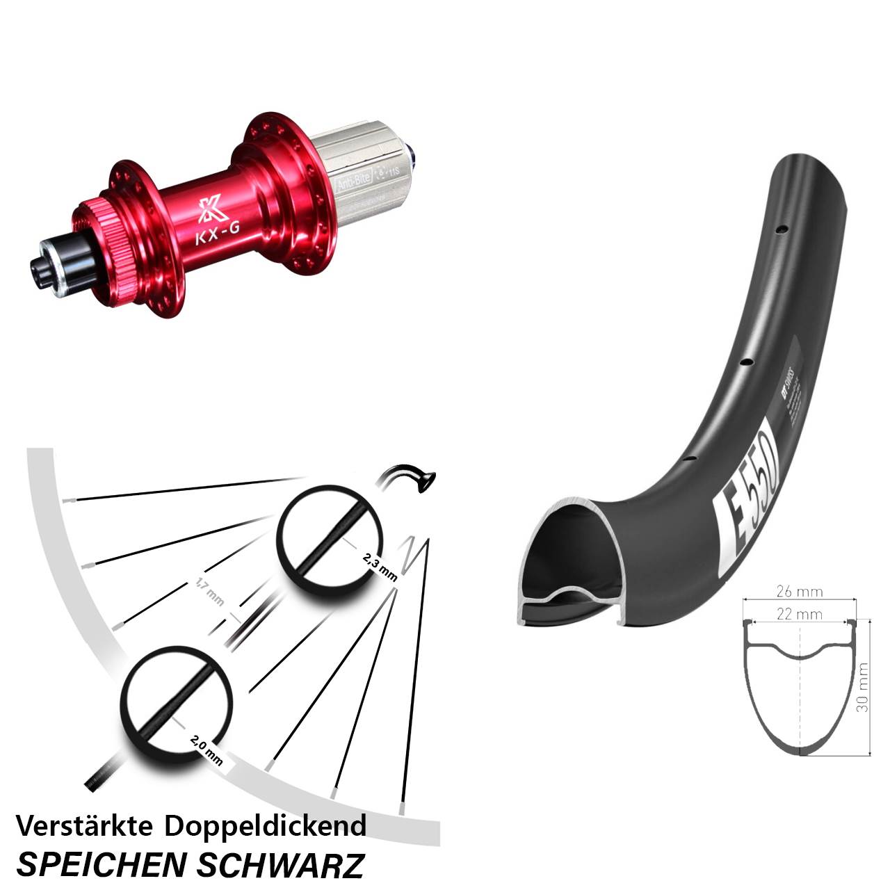 Centerlock Hinterrad 28 Zoll DT Swiss E550 KX-G rot 8-12 fach HG QR
