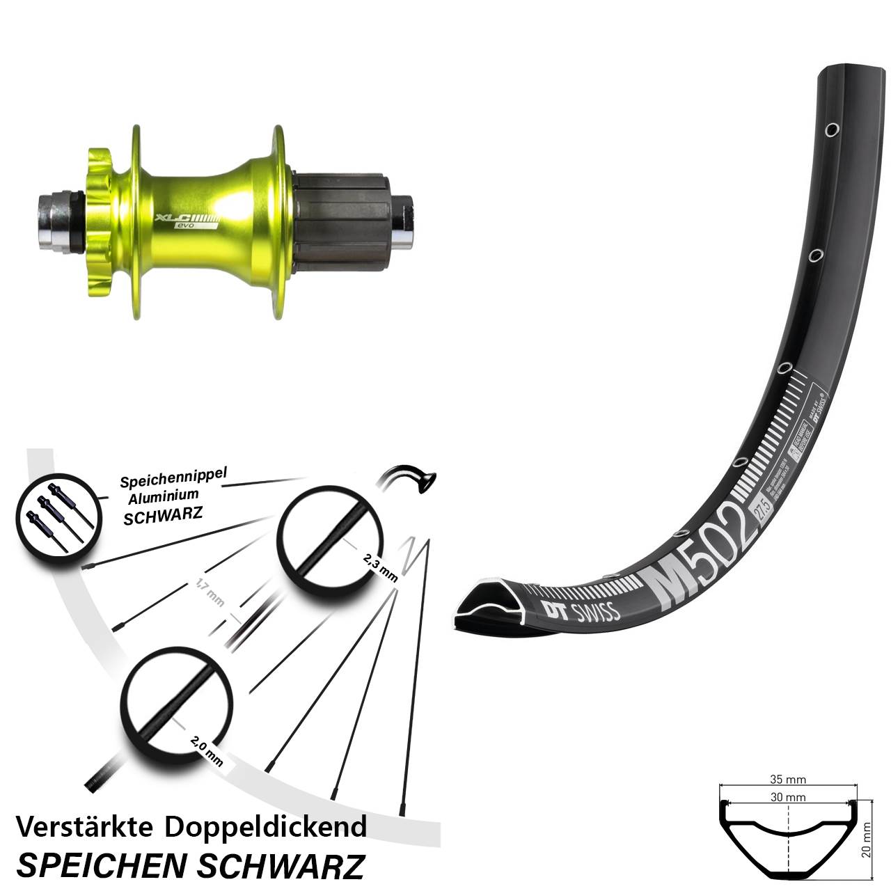 Hinterrad 6-Loch 29 Zoll DT Swiss M 502 XLC grün 8-11 fach HG 12x142