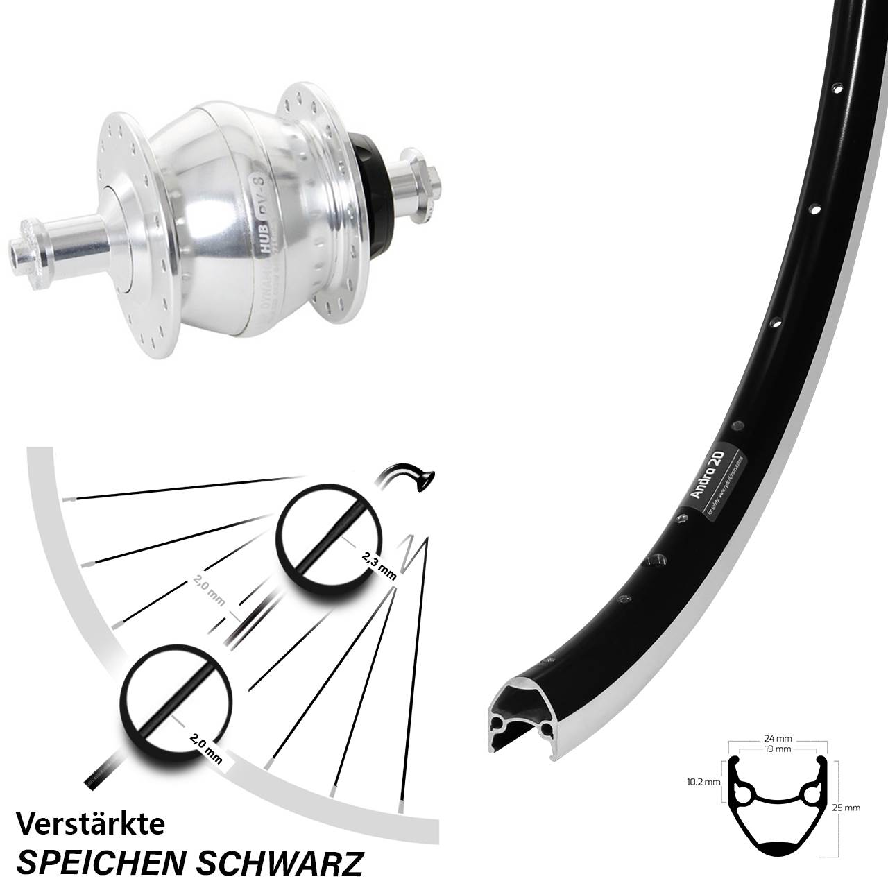 Vorderrad 28 Zoll Ryde Andra 20 schwarz Shutter Nabendynamo