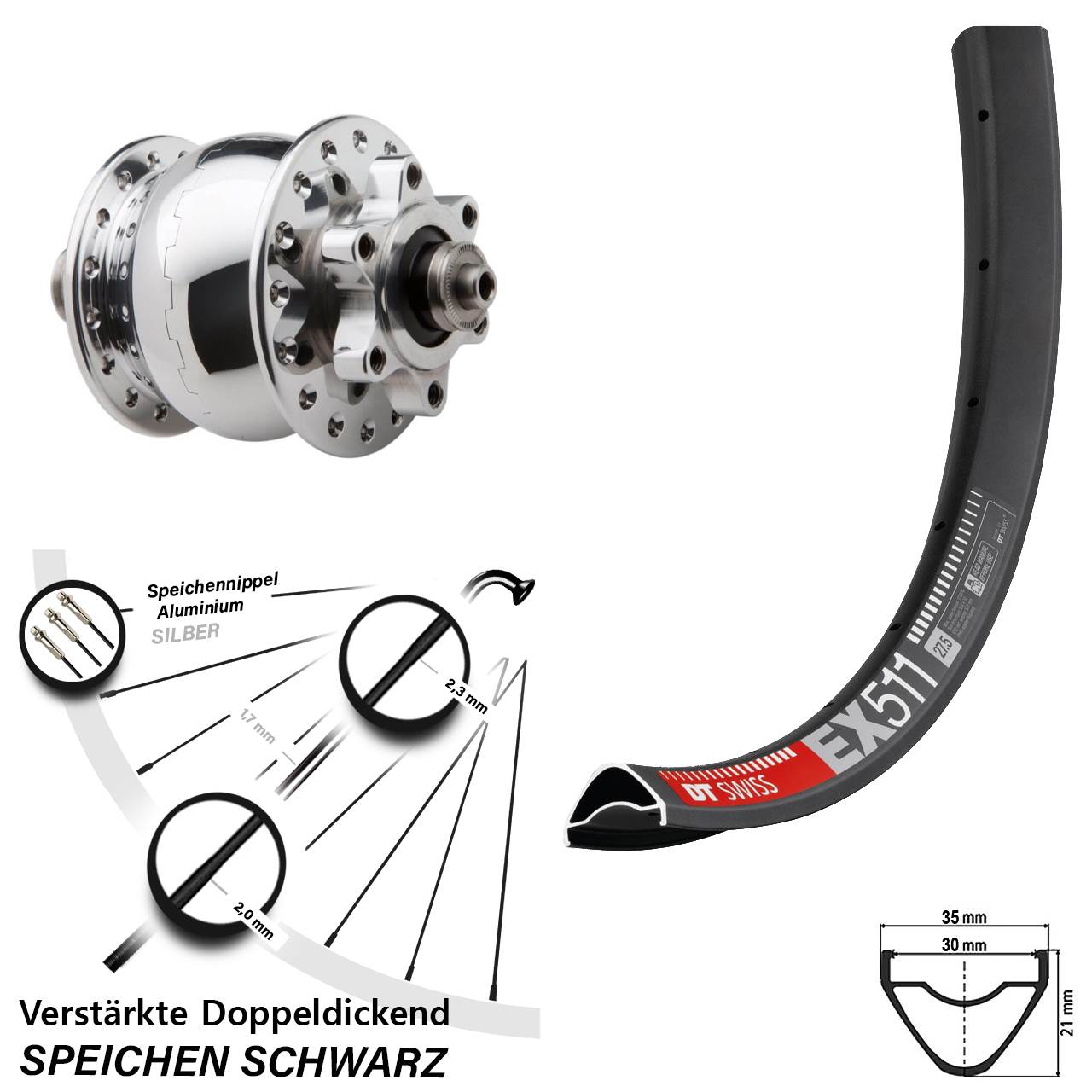 Disc Laufrad mit Nabendynamo 29 Zoll DT Swiss EX511 SON 28 poliert QR