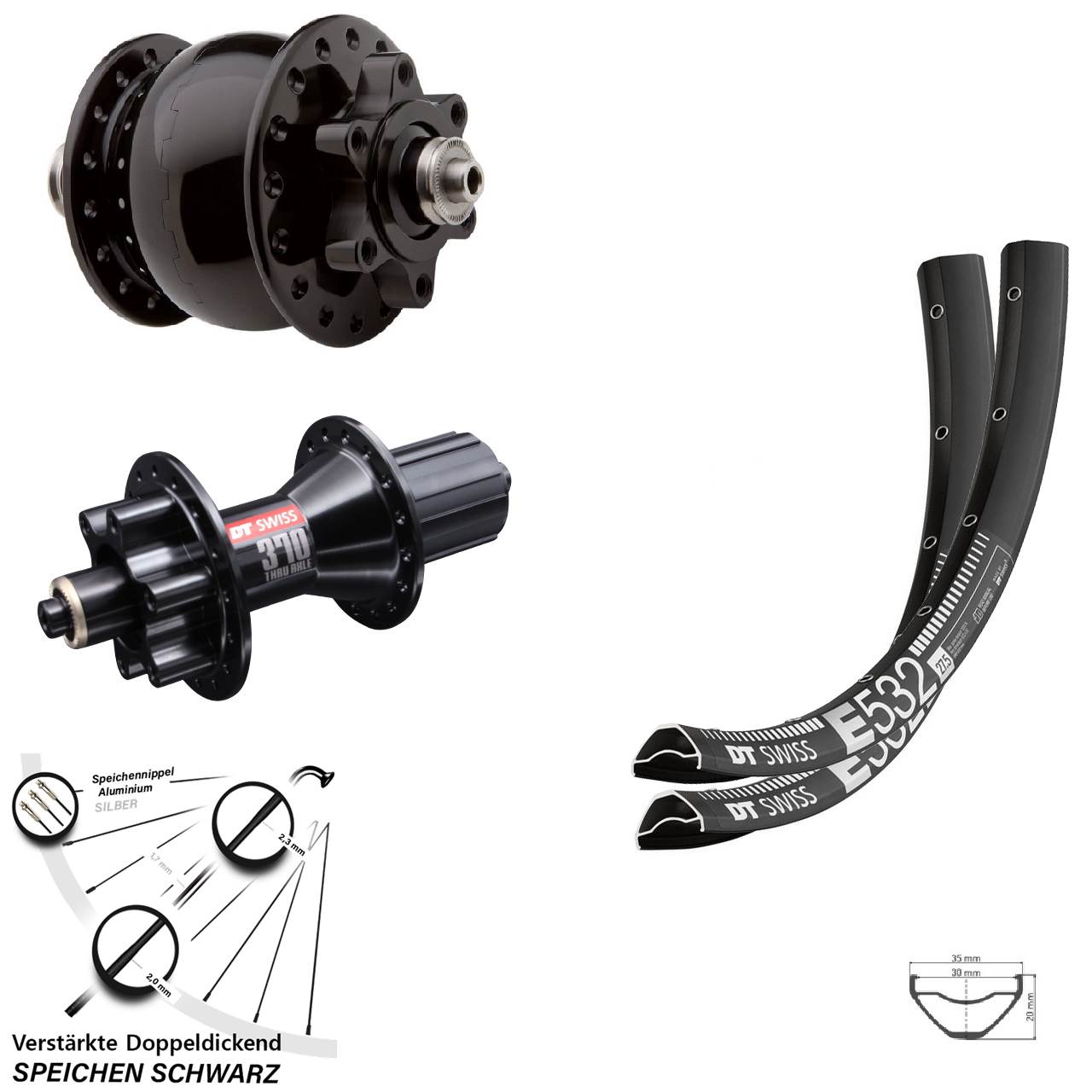 6-Loch Laufradsatz 27,5 Zoll DT Swiss E532 DT Swiss 370 Hybrid SON 28 8-11 fach QR