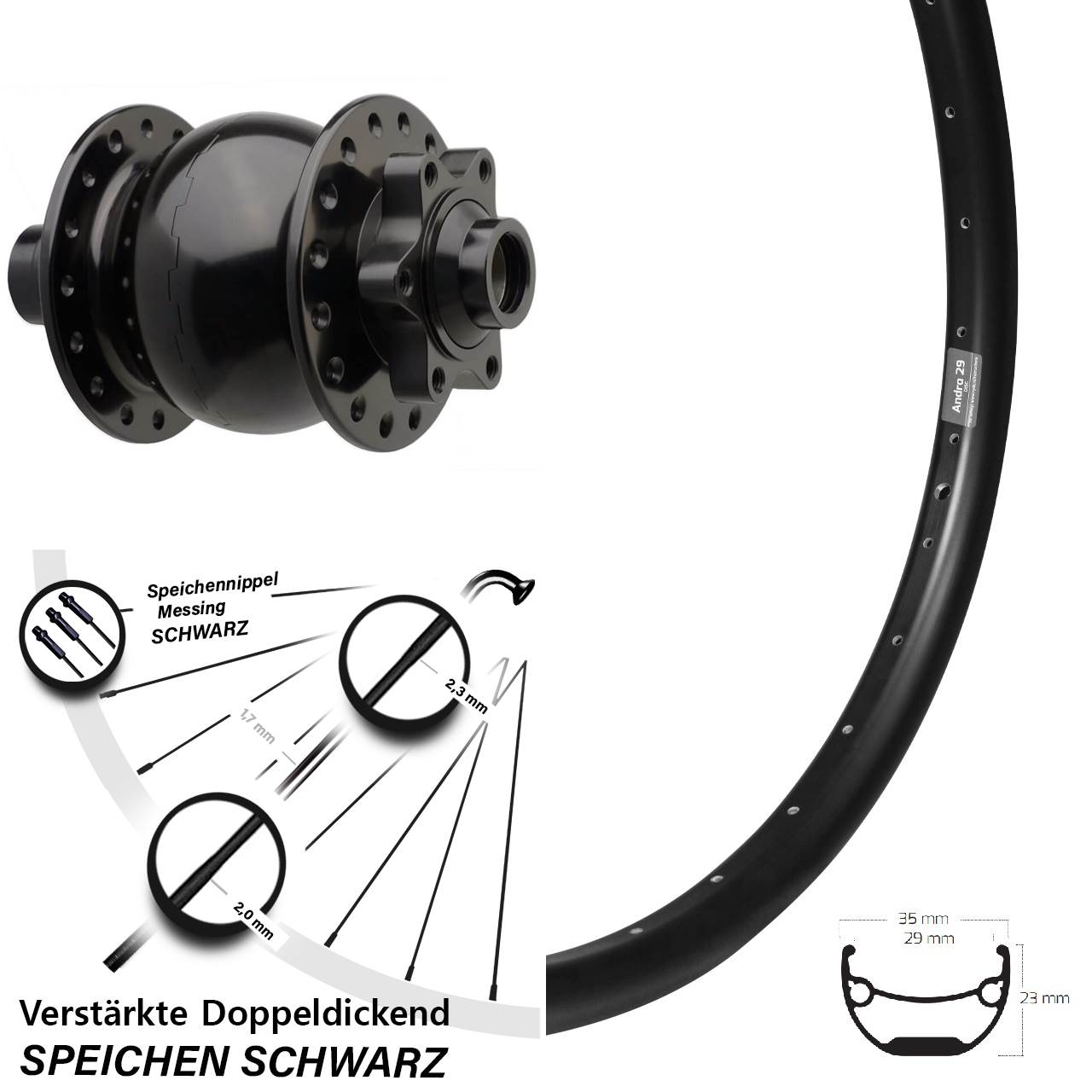 Ryde Andra 29 Zoll Vorderrad Boost Nabendynamo SON 28-15 6-Loch schwarz