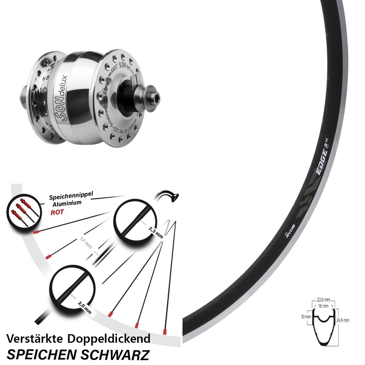 SONdelux poliert Ryde Edge R25 28 Zoll Laufrad mit Nabendynamo QR