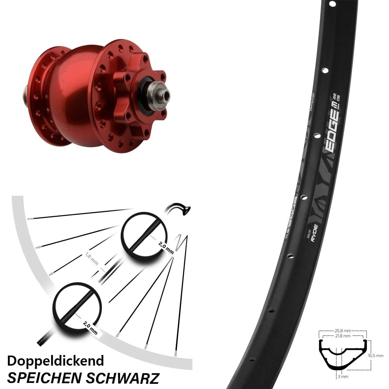 SON 28 Dynamo rot eloxiert Ryde Edge M22 Vorderrad 29 Zoll 6-Loch Schnellspanner