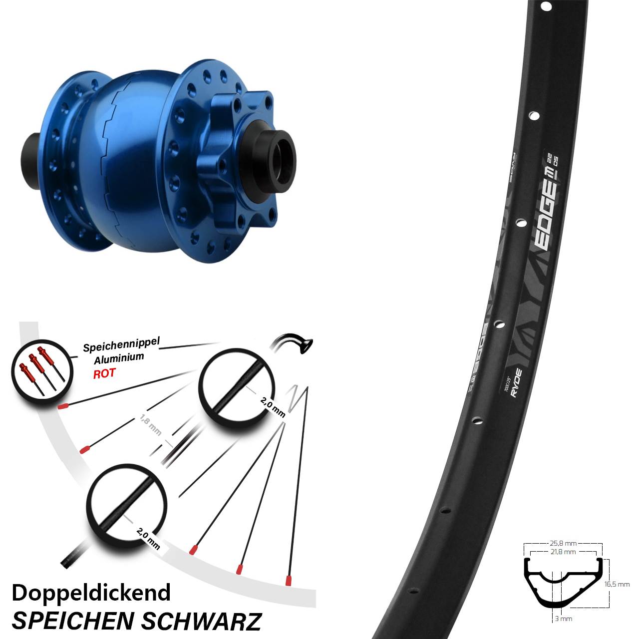 Nabendynamo Ryde Edge M22 Vorderrad 29 Zoll SON-15 Steckachse 15x100 mm
