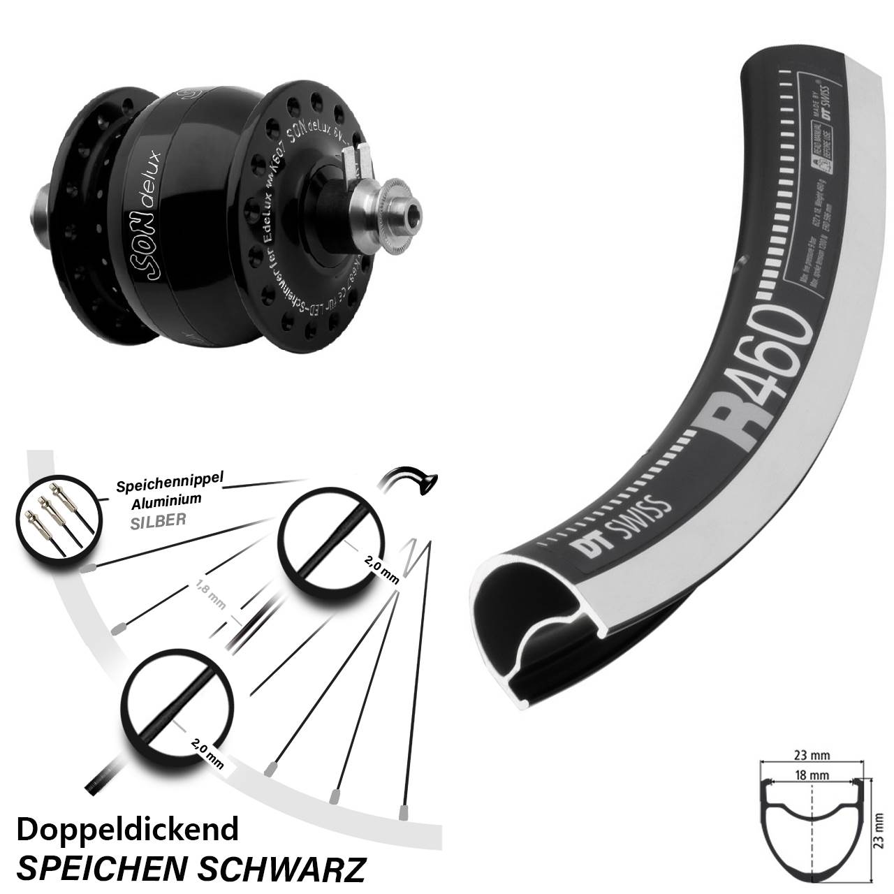 SON delux Rennrad Vorderrad 28 Zoll DT Swiss R 460 5x100 schwarz