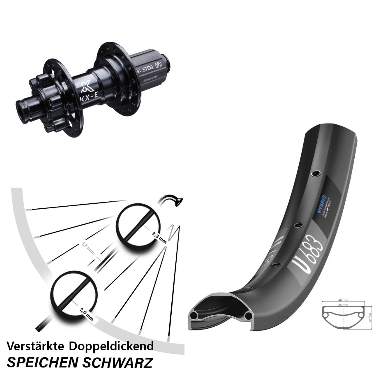 E-Bike 27,5 Zoll Hinteres Rad verstärkt DT Swiss U683 Disc KX-E 12x142 mm 6-loch 8-12 fach