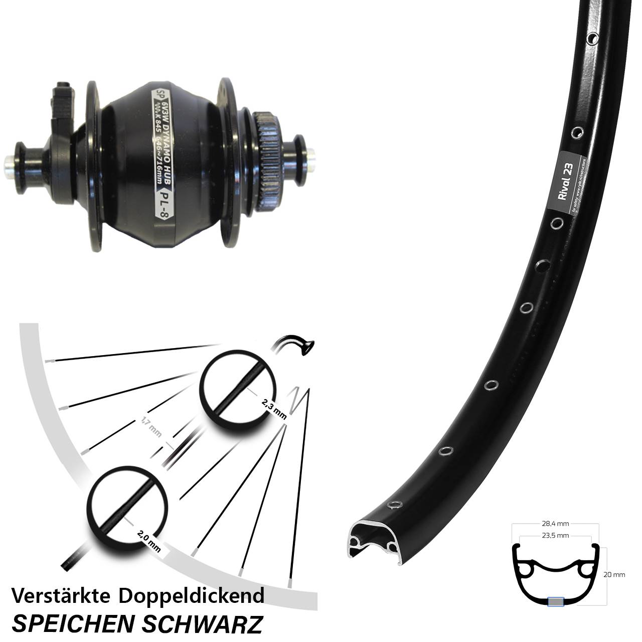 Nabendynamo-Vorderrad Centerlock 27,5 Zoll Ryde Rival 23 Shutter PL-8 QR