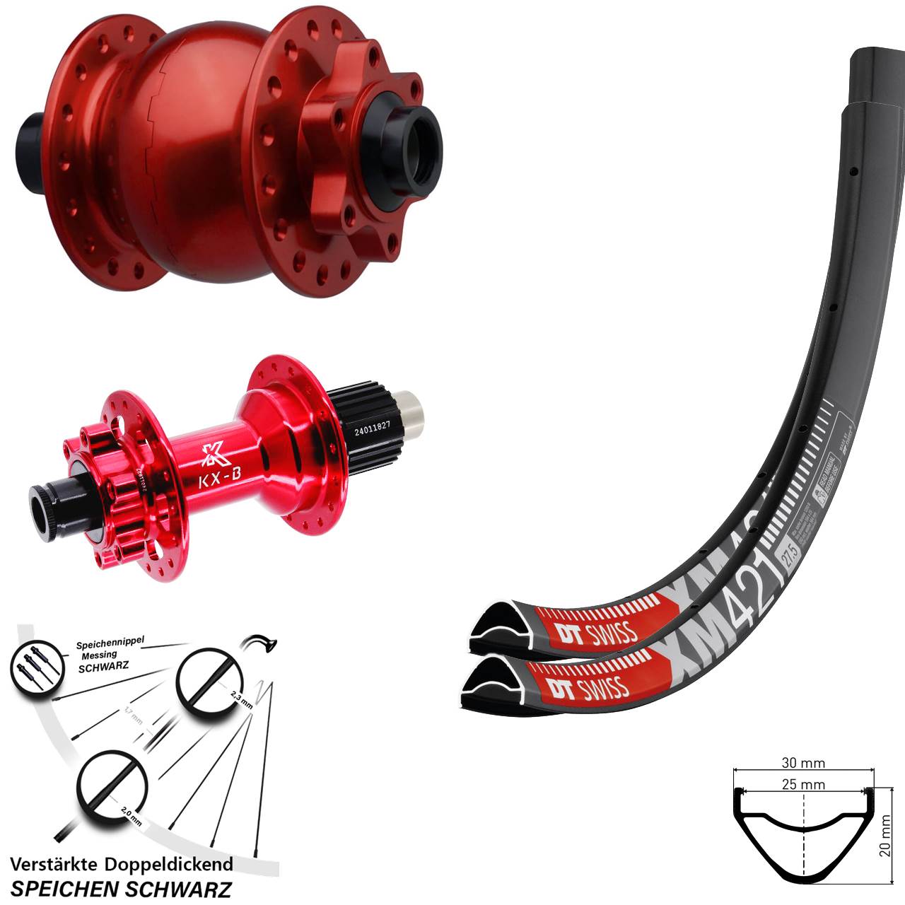 Disc Laufradsatz 29 Zoll DT Swiss XM421 KX-B rot SON 28 Micro Spline 15x110 12x148