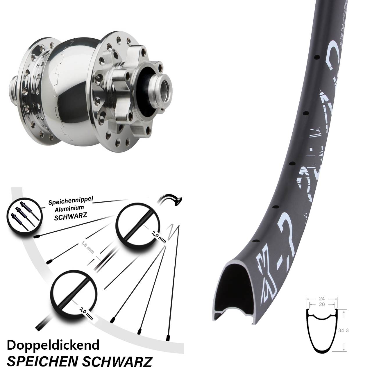 KX-R Road SON 28 Zoll poliert Dynamo-Vorderrad 6-Loch 12x100