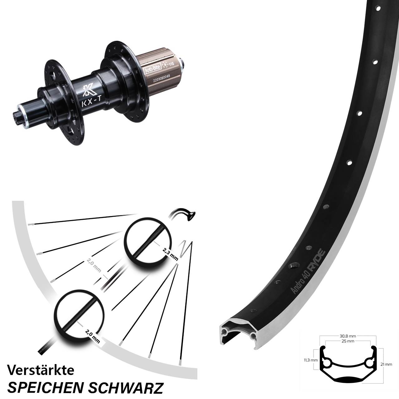 KX-T Nabe 135 mm Ryde Andra 40 Hinterrad 20 Zoll Lastenrad verstärkt 8-11 fach