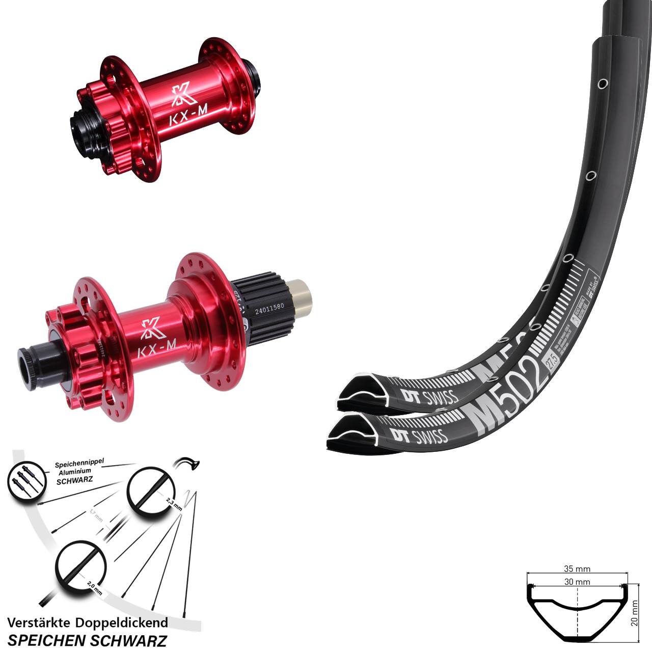 DT Swiss M 502 KX-M rot 29 Zoll Laufradsatz 6-Loch 15x100 12x142 Shimano Micro Spline