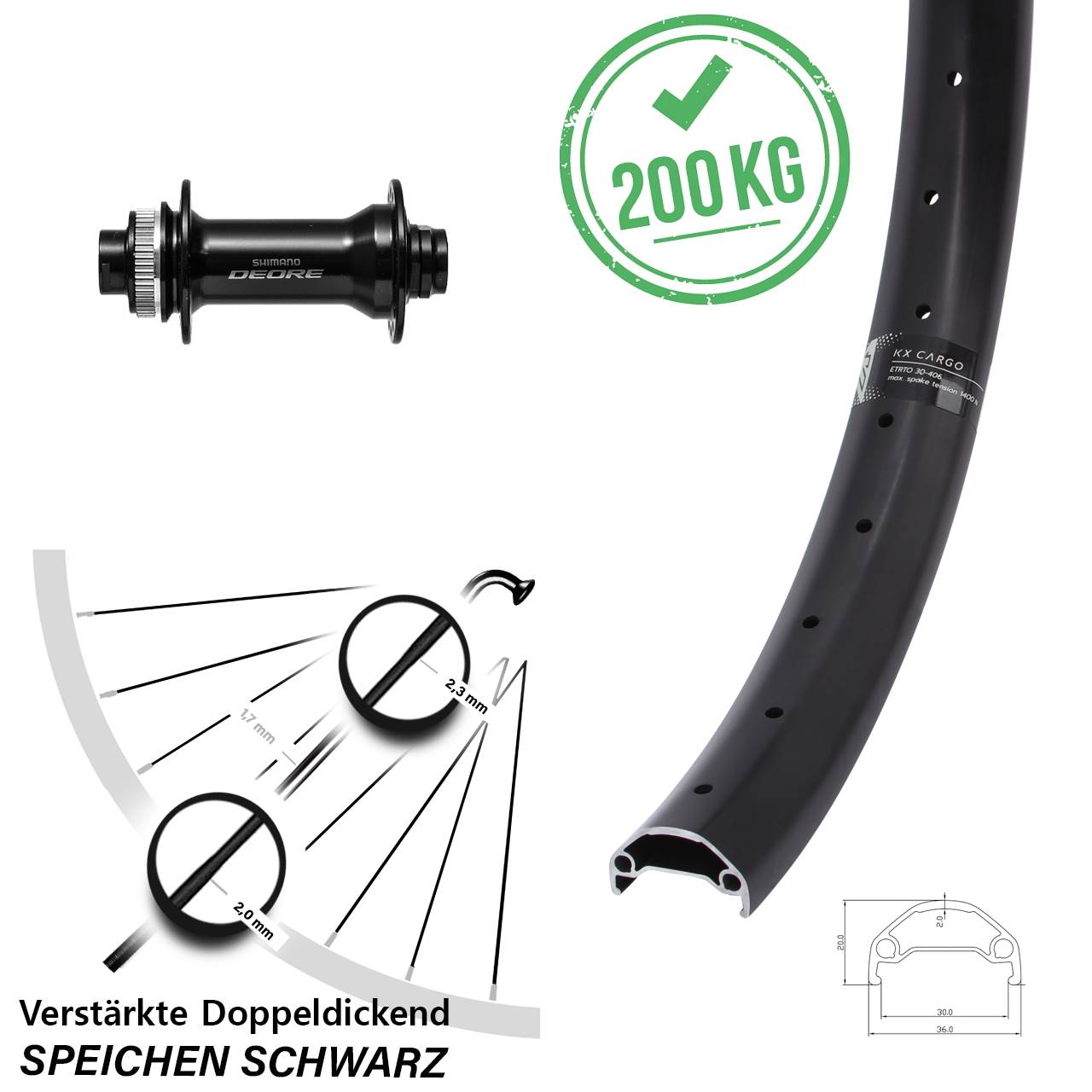 Boost Vorderrad Centerlock 15x110 20 Zoll KX Cargo Shimano Deore
