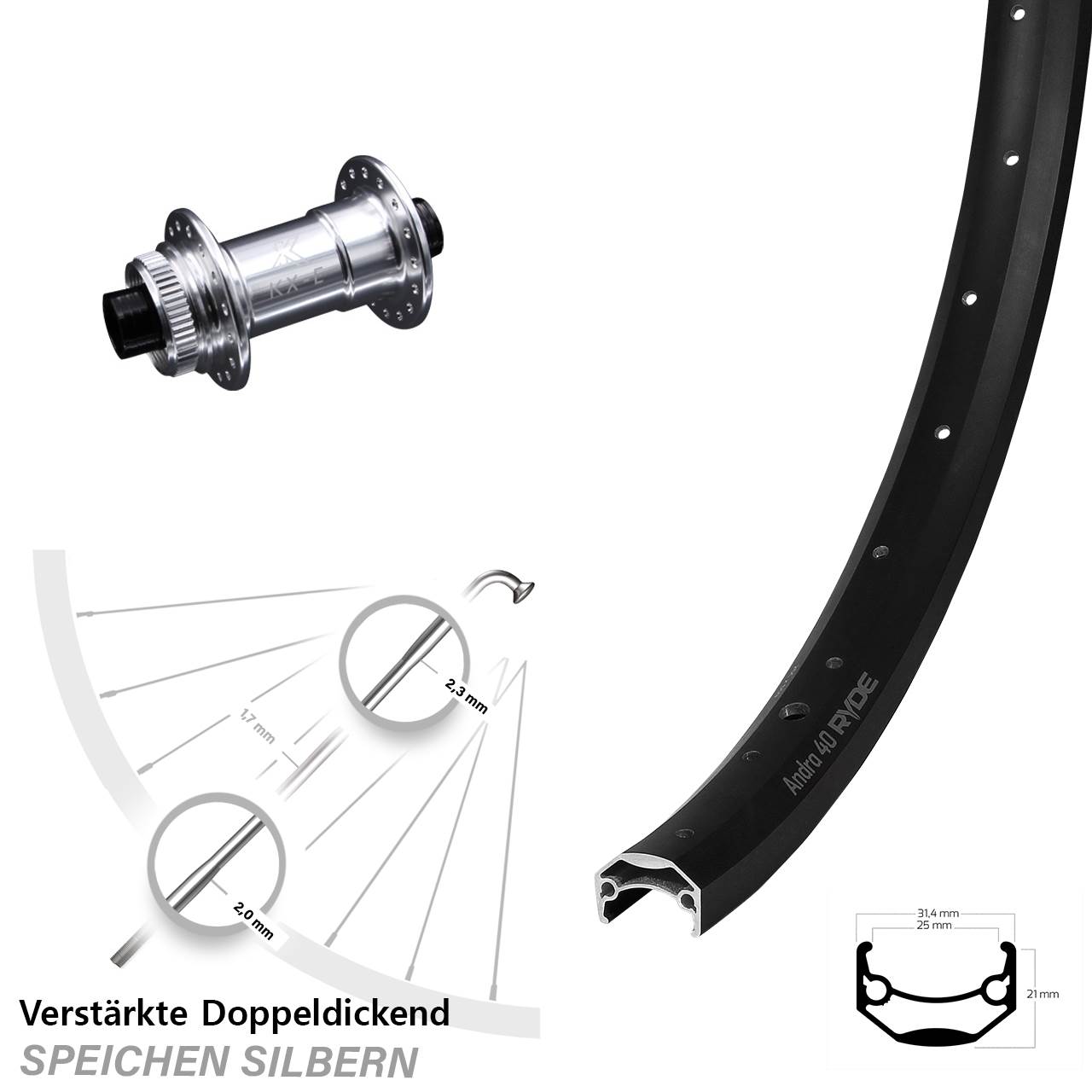 Ryde Andra 40 Disc Vorderrad 20 Zoll mit KX-E Nabe silbern-eloxiert Centerlock 15x100 mm