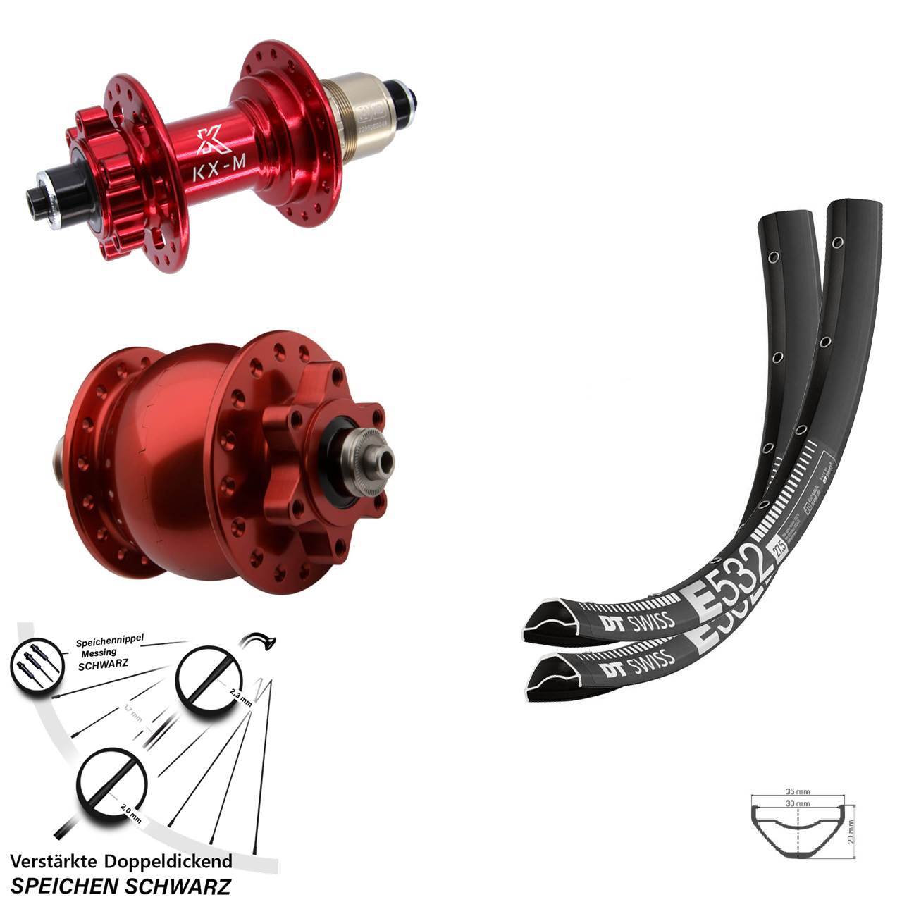 6-Loch Laufradsatz 27,5 Zoll DT Swiss E532 KX-M rot SON 28 SRAM XD QR
