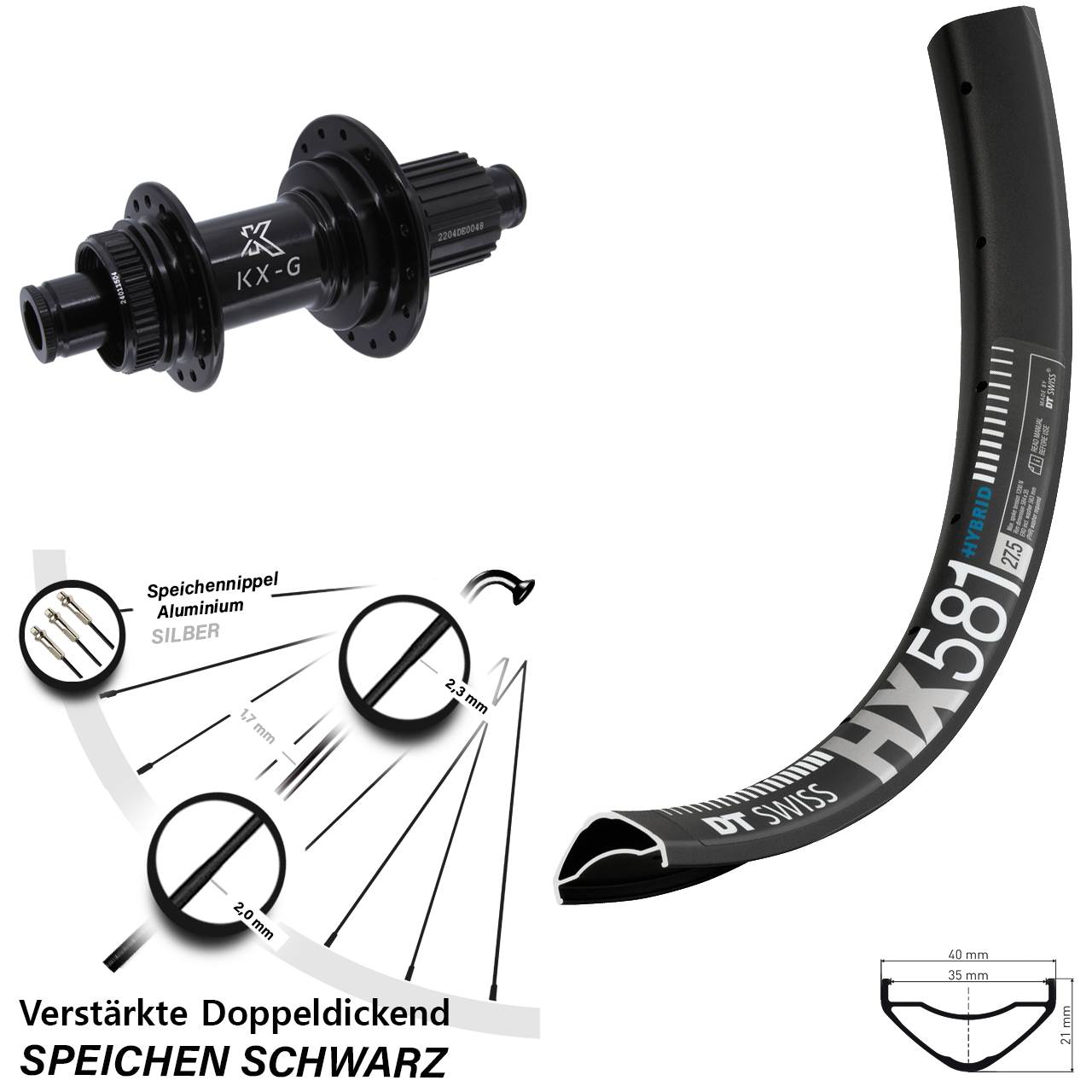 Disc Hinterrad 12x142 27,5 Zoll DT Swiss HX581 KX-GS Heavy Duty Shimano Micro Spline
